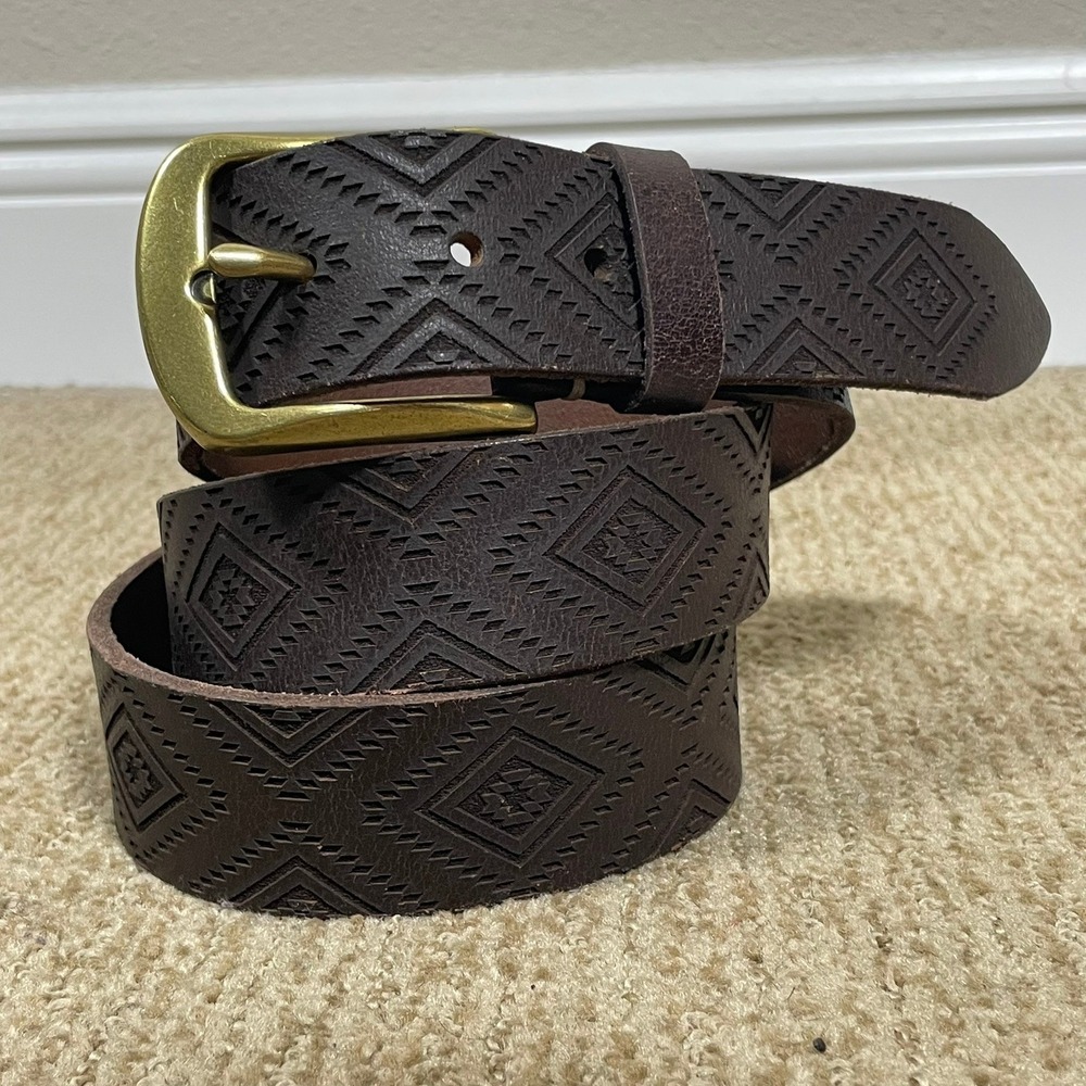 Lucky Brand Belt Mens 42 Brown Genuine Leather Embossed Geometric Western